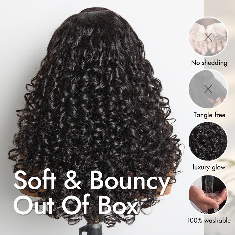 New Customers Only | 180% Density Bouncy Curls Glueless 5x5 Closure Pre-Cut Lace Layered Curly Wig Breathable Cap  - US Only