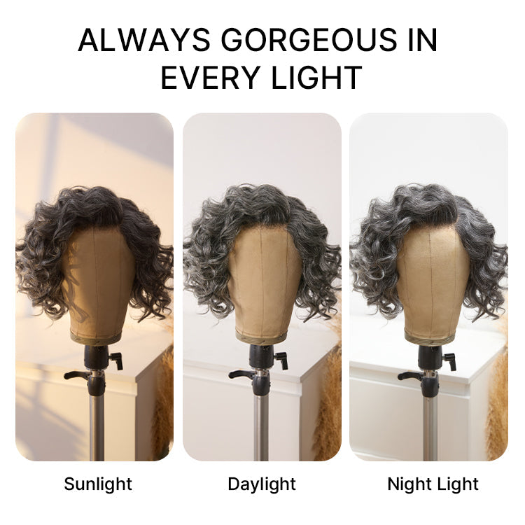 Elegant Salt & Pepper Grey Wig Loose Body Wave Glueless Minimalist Lace Short Wig Pre-Cut Lace