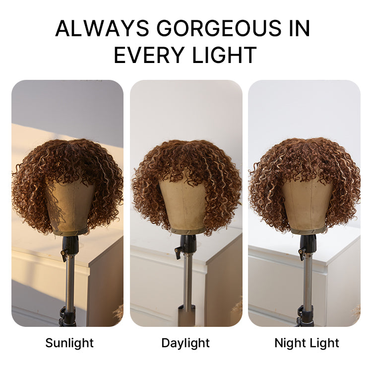 Beginner Friendly Ash Blonde Highlights Water Wave True Scalp Minimalist Lace Glueless Curly Wig with Bangs