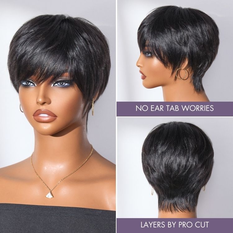Throw On & Go Brown Highlight Short Curly with Bangs Wig Ultra Comfort Skin-Like Soft Care Glueless Hair Loss Friendly Wig