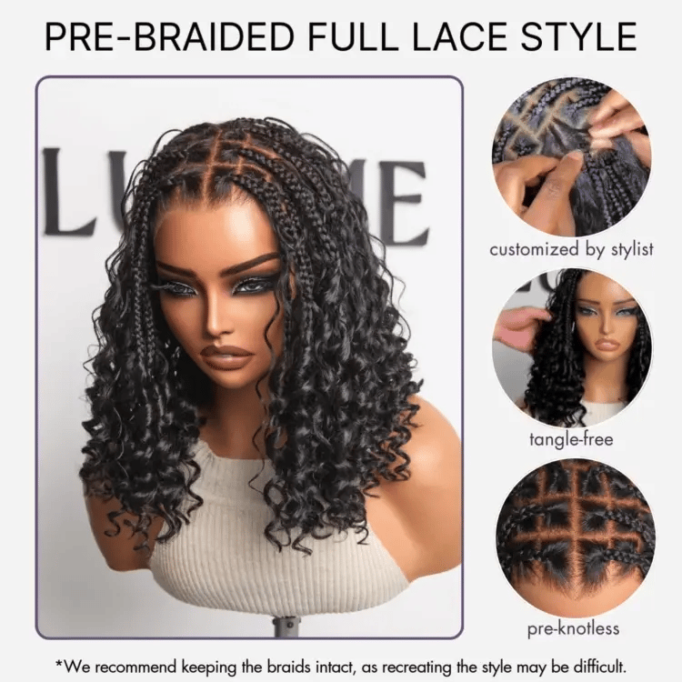 Readitress™ HD Full Lace Knotless Boho Curls Braided Bob Pre-Cut Lace Wig Flexi Fit Invisi Drawstring Cap