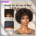 Throw On & Go Brown Highlight / Natural Black Short Bouncy Curls with Bangs Glueless Wig 100% Human Hair - US Only