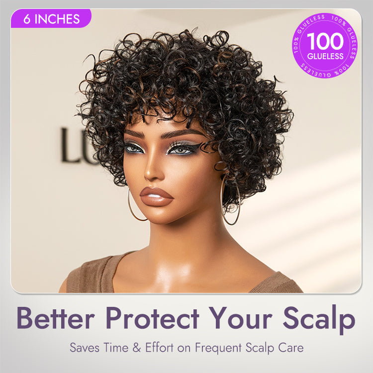 Beginner Friendly Throw On & Go Short Bouncy Curls with Bangs Glueless Wig 100% Human Hair - US Only