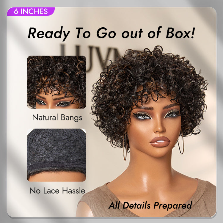 Exclusive Sale | Beginner Friendly Throw On & Go Short Bouncy Curls with Bangs Glueless Wig 100% Human Hair - US Only
