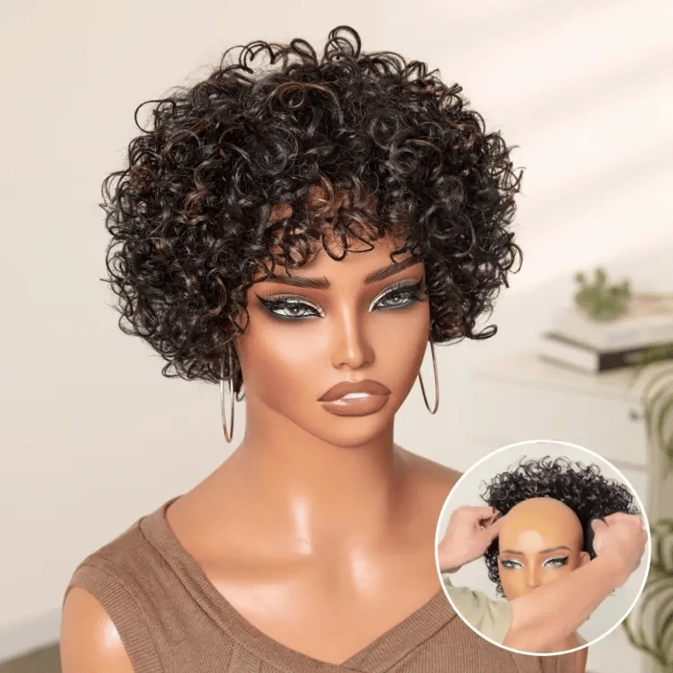 Exclusive Sale | Beginner Friendly Throw On & Go Short Bouncy Curls with Bangs Glueless Wig 100% Human Hair - US Only