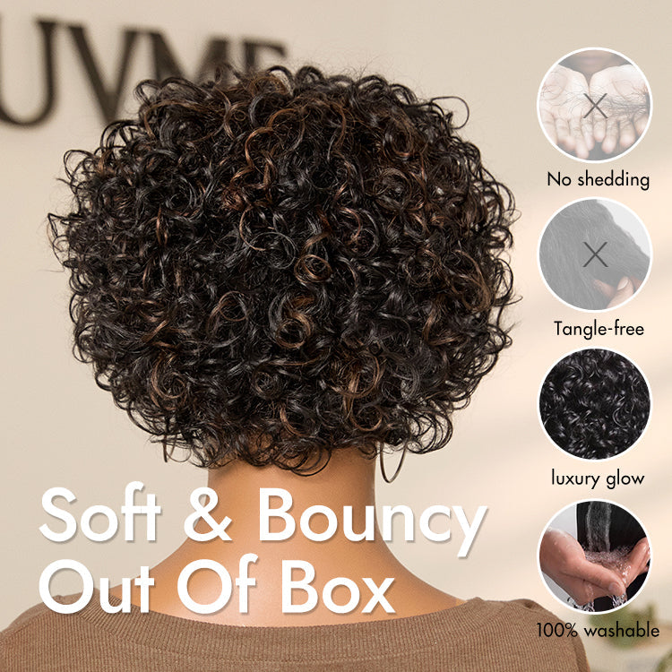 Beginner Friendly Throw On & Go Short Bouncy Curls with Bangs Glueless Wig 100% Human Hair - US Only