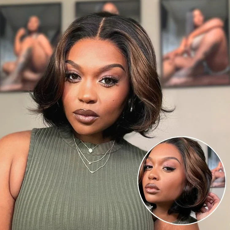 Blonde Highlight / Brown Highlight Short Layered Bob Wig Glueless 5x5 Closure Pre-Cut Lace Wig
