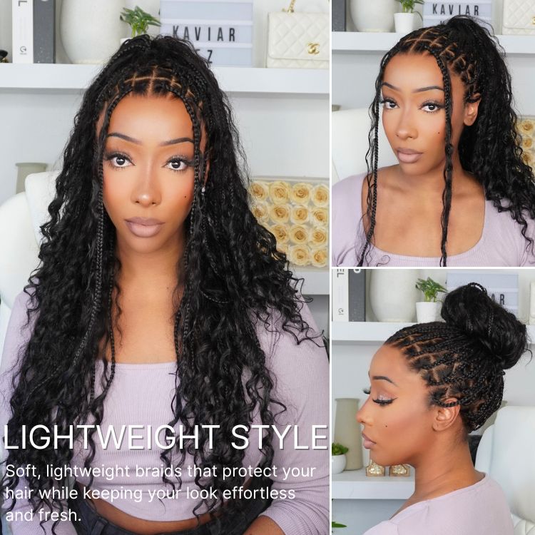Readitress™ Light Weight Flexi-Fit Invisi Drawstring Cap Full Lace Knotless Boho Curls Braided Long Wig Super Natural Scalp