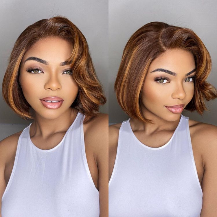 Weekly Special | Limited Design | Toffee Brown Mix Blonde / Natural Black Layered Cut Glueless 5x5 Closure Lace Bob Wig
