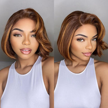 Weekly Special | Limited Design | Toffee Brown Mix Blonde / Natural Black Layered Cut Glueless 5x5 Closure Lace Bob Wig