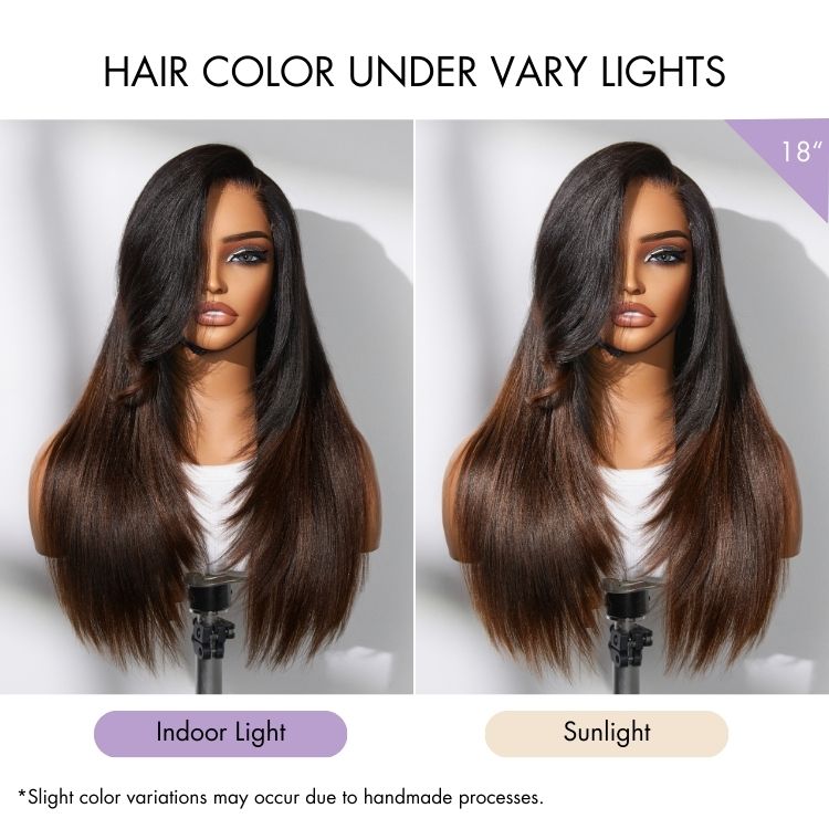 Luvme All-Day Comfort™ Wig 180% Density Ombre Brown Butterfly Cut Layered Light Yaki Straight Glueless 7x6 Closure HD Lace Human Hair Wig Pre-Cut Lace