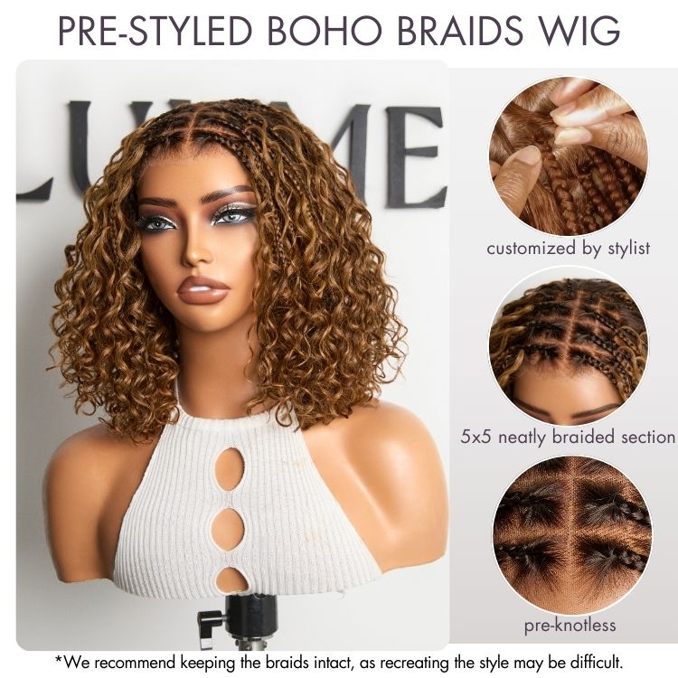 Readitress™ Boho Braids Deep Curly Glueless 5x5 Closure Lace with Braided Top Human Hair Wig Pre-Cut Lace