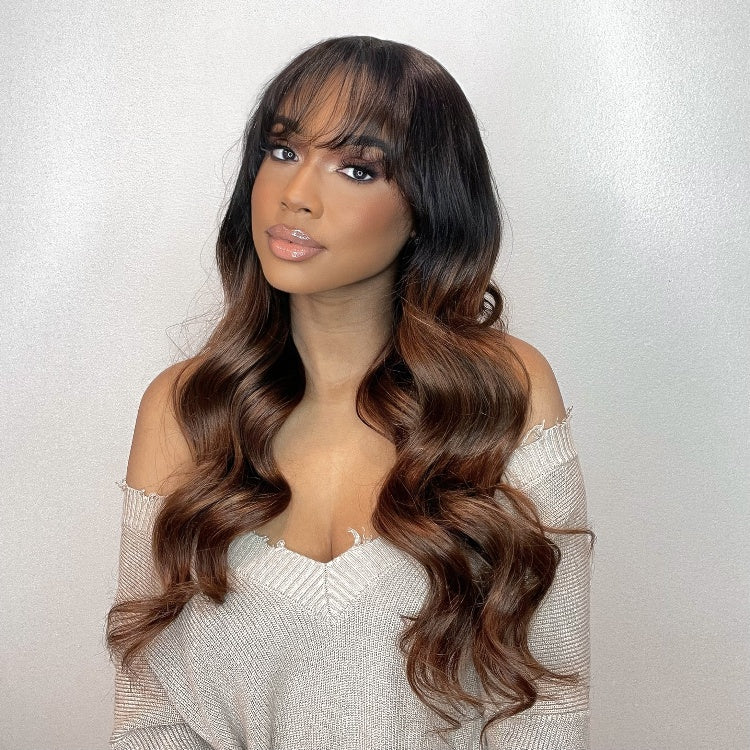 Letitia Chestnut Brown Ombre Loose Body Wave With Blunt Bangs 5x5 Closure Lace Glueless Wig | Large & Small Cap Size