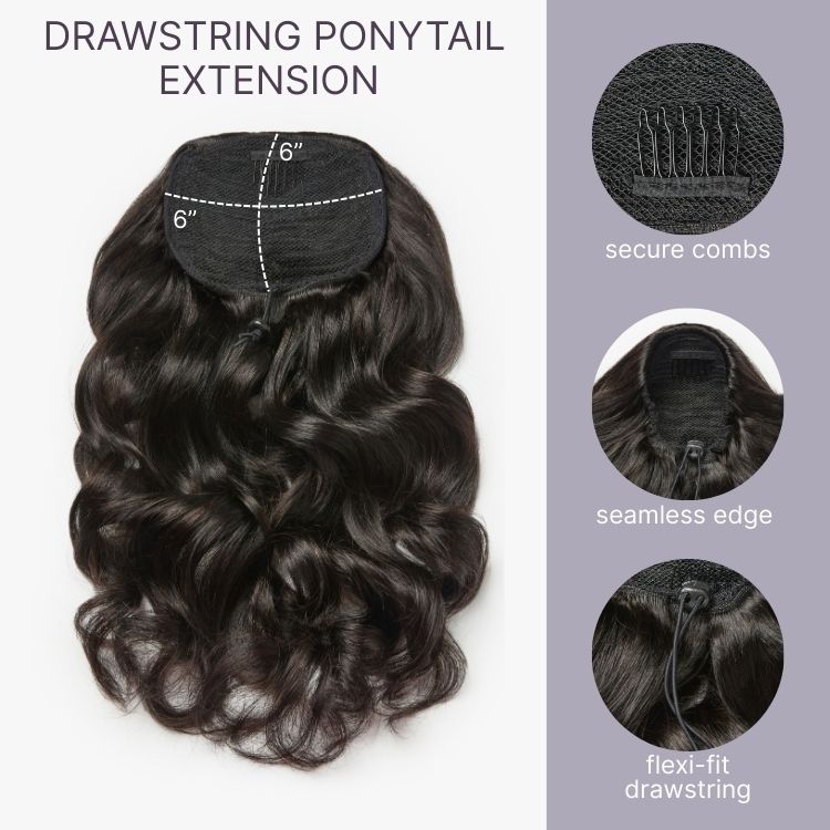 Body Wave Updo Hairpiece with Clip-In 5x5 Lace Closure Bangs and Drawstring Ponytail Quick & Easy