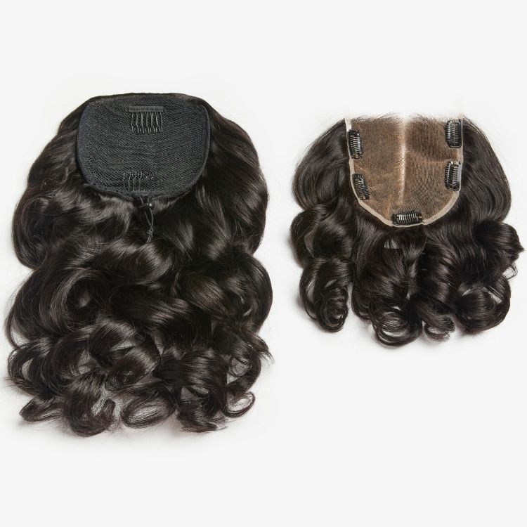 Body Wave Updo Hairpiece with Clip-In 5x5 Lace Closure Bangs and Drawstring Ponytail Quick & Easy