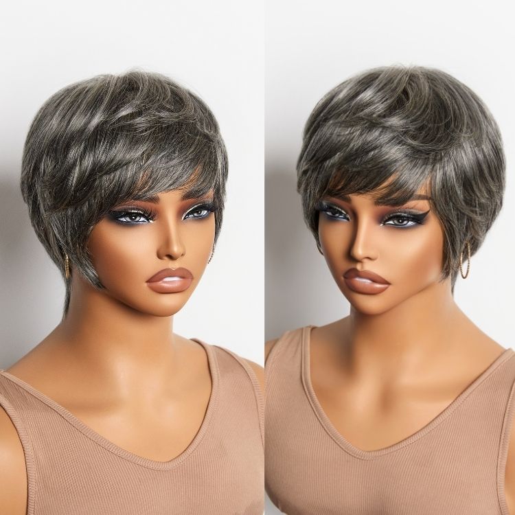New Customers Only | Throw On & Go Salt & Pepper Short Pixie Cut Glueless Wig with Bangs 100% Human Hair Ultra Comfort Cotton Cap Hair Loss Friendly