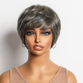 New Customers Only | Throw On & Go Salt & Pepper Short Pixie Cut Glueless Wig with Bangs 100% Human Hair Ultra Comfort Cotton Cap Hair Loss Friendly