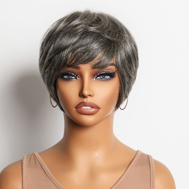 New Customers Only | Throw On & Go Salt & Pepper Short Pixie Cut Glueless Wig with Bangs 100% Human Hair Ultra Comfort Cotton Cap Hair Loss Friendly