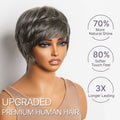 New Customers Only | Throw On & Go Salt & Pepper Short Pixie Cut Glueless Wig with Bangs 100% Human Hair Ultra Comfort Cotton Cap Hair Loss Friendly