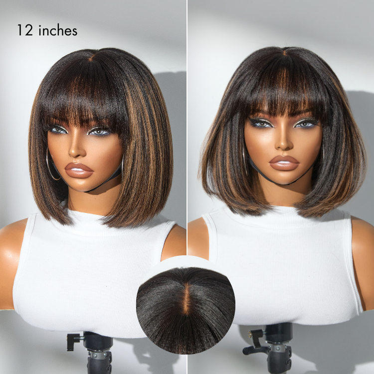 Tiktok Exclusive Deal | Put On and Go Realistic Glueless Yaki Straight Bob with Bangs Minimalist Lace Wig 100% Human Hair