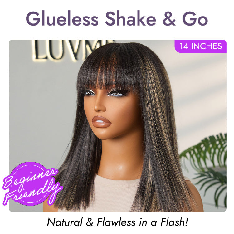 Put On and Go Blonde Highlight Yaki Straight Blunt Cut Bob Glueless Minimalist Lace Short Wig with Bangs