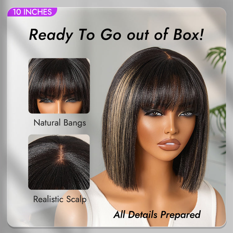 Special Deal | Put On and Go Realistic Glueless Yaki Straight Bob with Bangs Minimalist Lace Wig 100% Human Hair