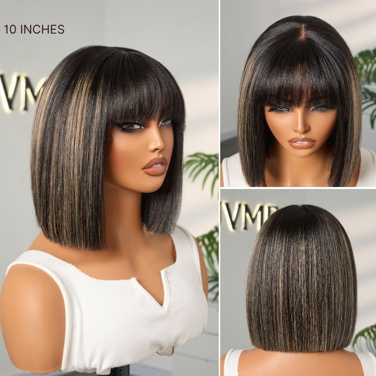 Special Deal | Put On and Go Realistic Glueless Yaki Straight Bob with Bangs Minimalist Lace Wig 100% Human Hair
