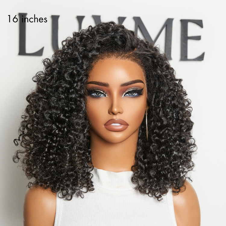 180% Density 4C Kinky Edges Jet Black Burmese Curly Glueless Ear-to-ear Wide T Pre-Cut Lace Front Wig Flexi-Fit Drawstring Cap