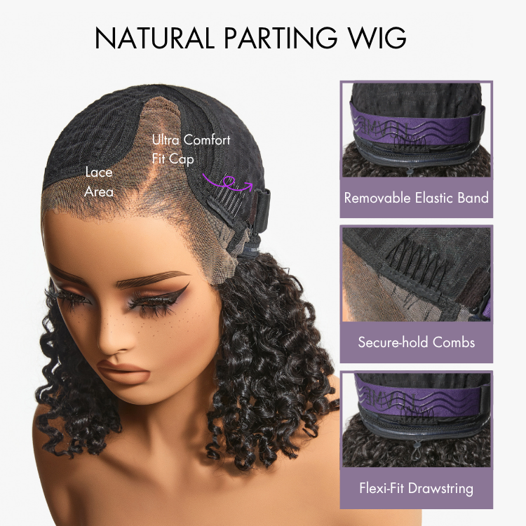 180% Density 4C Kinky Edges Jet Black Burmese Curly Glueless Ear-to-ear Wide T Pre-Cut Lace Front Wig Flexi-Fit Drawstring Cap