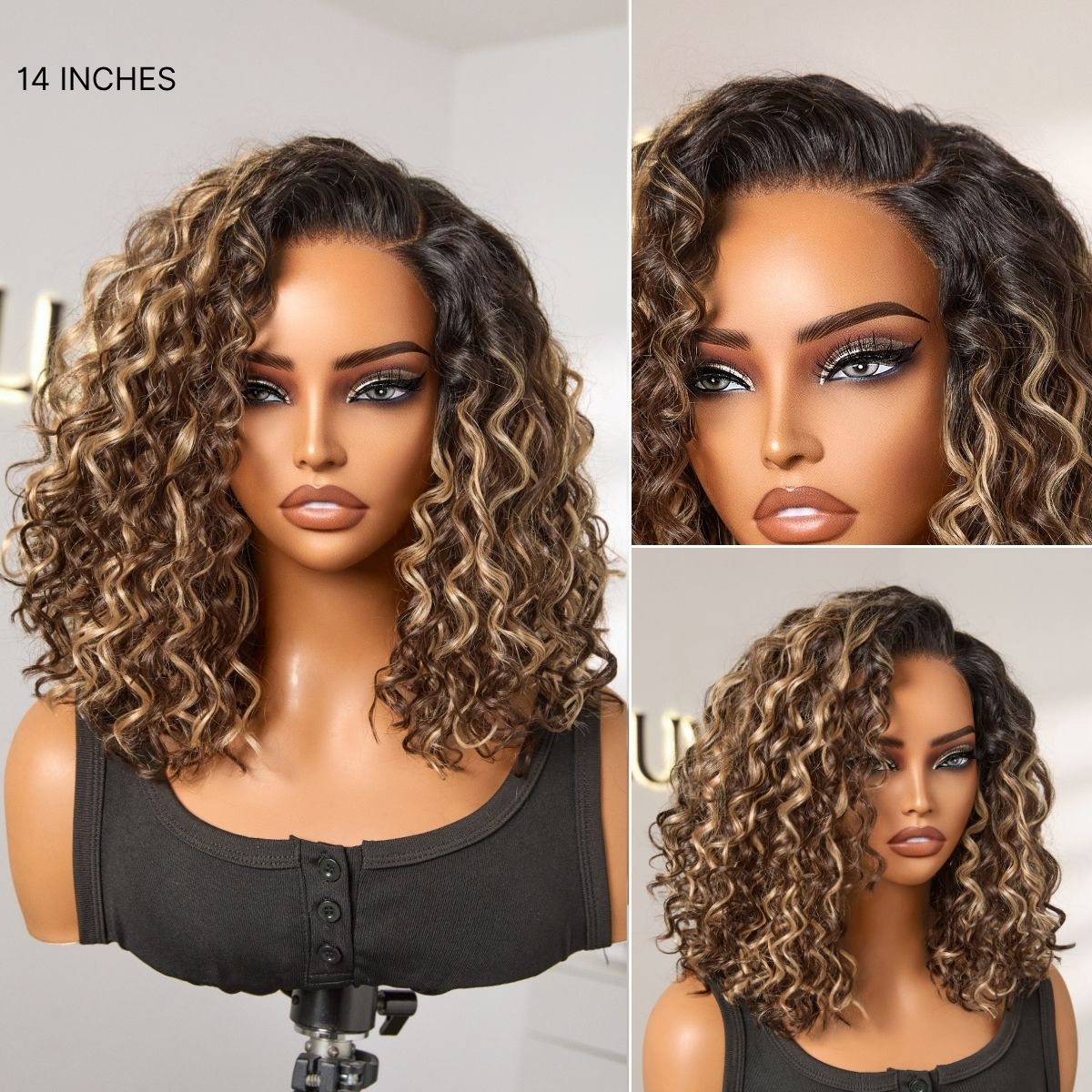 Tiktok Exclusive Deal | Ready to Go Blonde Highlight / Natural Black Water Wave Short Curly Bob Wig Glueless Minimalist HD Lace Wig Pre-Cut Lace