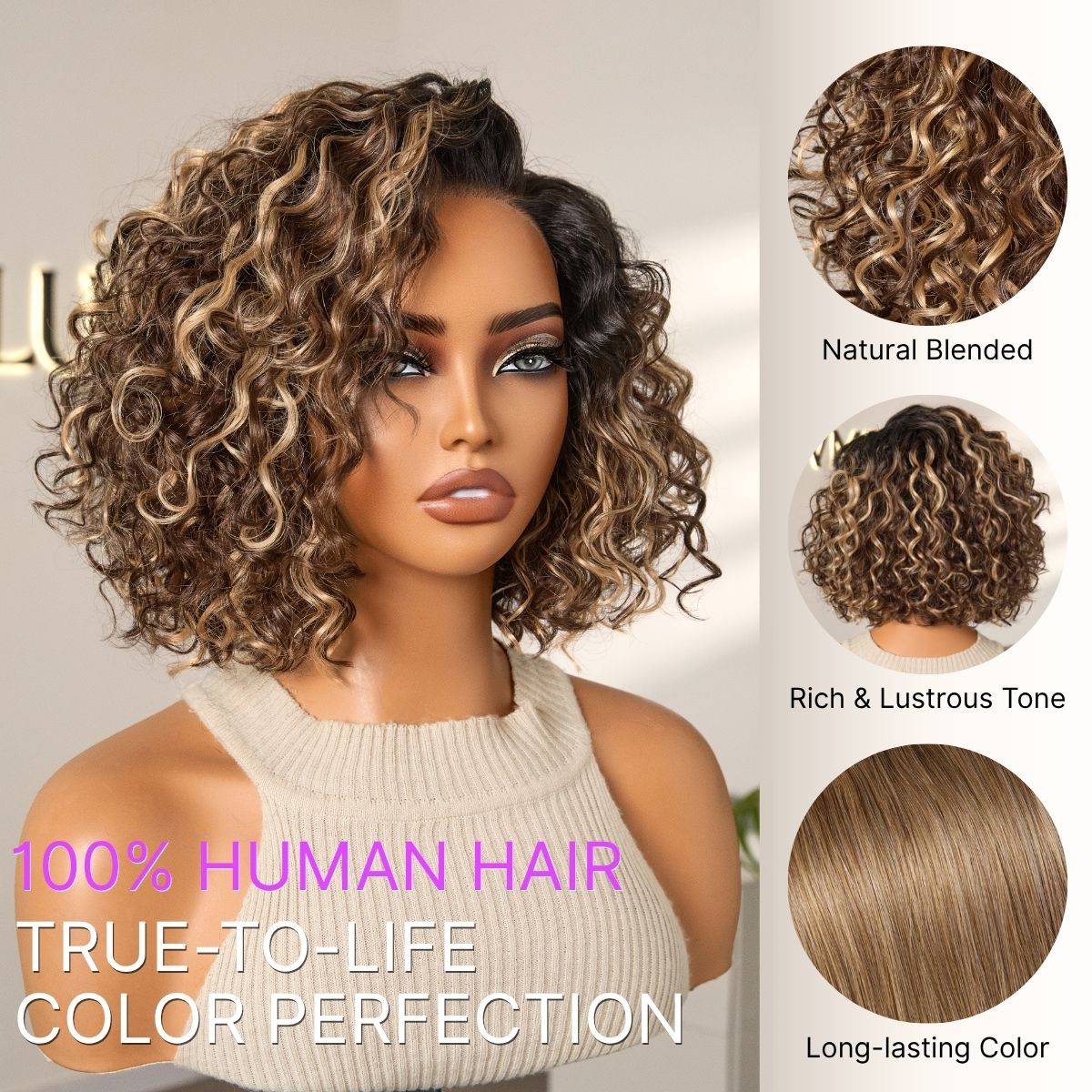 New Customers Only | Ready to Go Blonde Highlight / Natural Black Water Wave Short Curly Bob Wig Glueless Minimalist HD Lace Wig Pre-Cut Lace