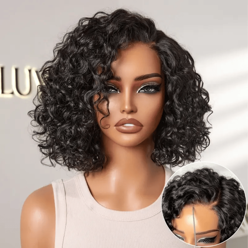 Ready to Go Blonde Highlight / Natural Black Water Wave Short Curly Bob Wig Glueless Minimalist HD Lace Wig Pre-Cut Lace