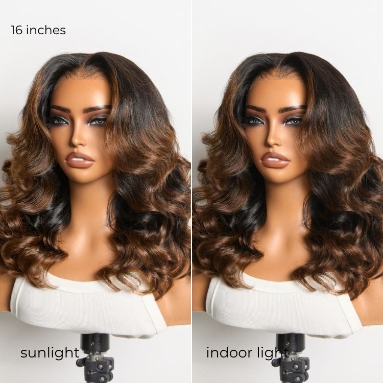 NatureMAX™ 200% Density Ombre Brown / Natural Loose Wave Glueless 13x6 HD Lace Front Shoulder Length Wig Pre-Cut Lace Flexi-Fit Drawstring Cap