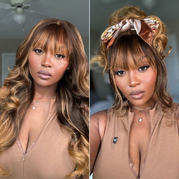 Luvme All-Day Comfort™ Wig 180% Density Ombre Blonde Highlight Loose Body Wave Glueless 7x6 Closure HD Lace Human Hair Wig with Bangs Pre-Cut Lace