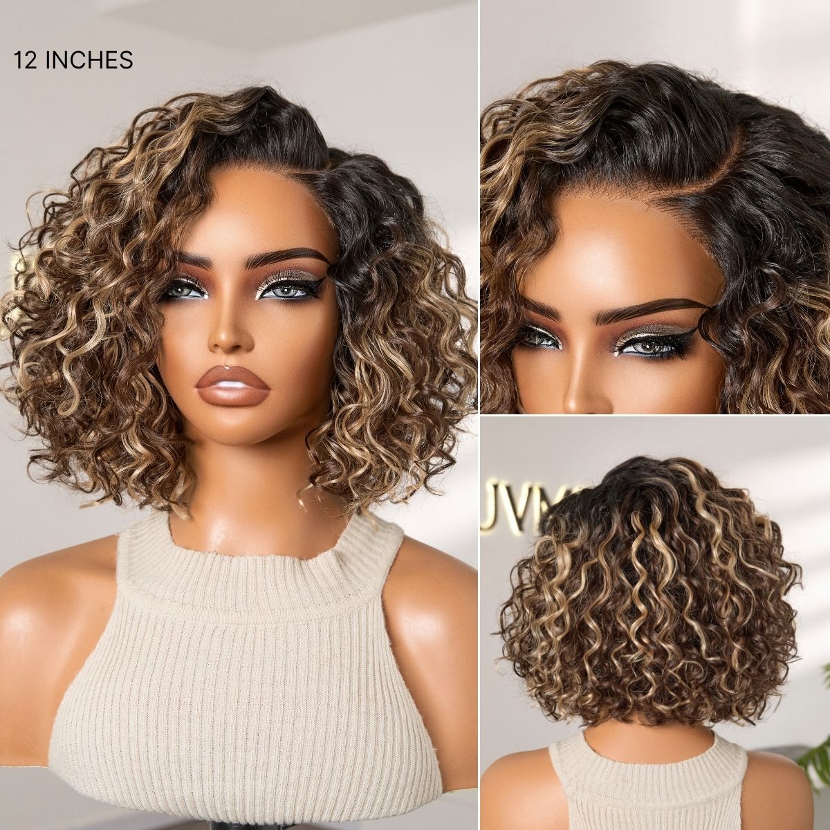 New Customers Only | Ready to Go Blonde Highlight / Natural Black Water Wave Short Curly Bob Wig Glueless Minimalist HD Lace Wig Pre-Cut Lace