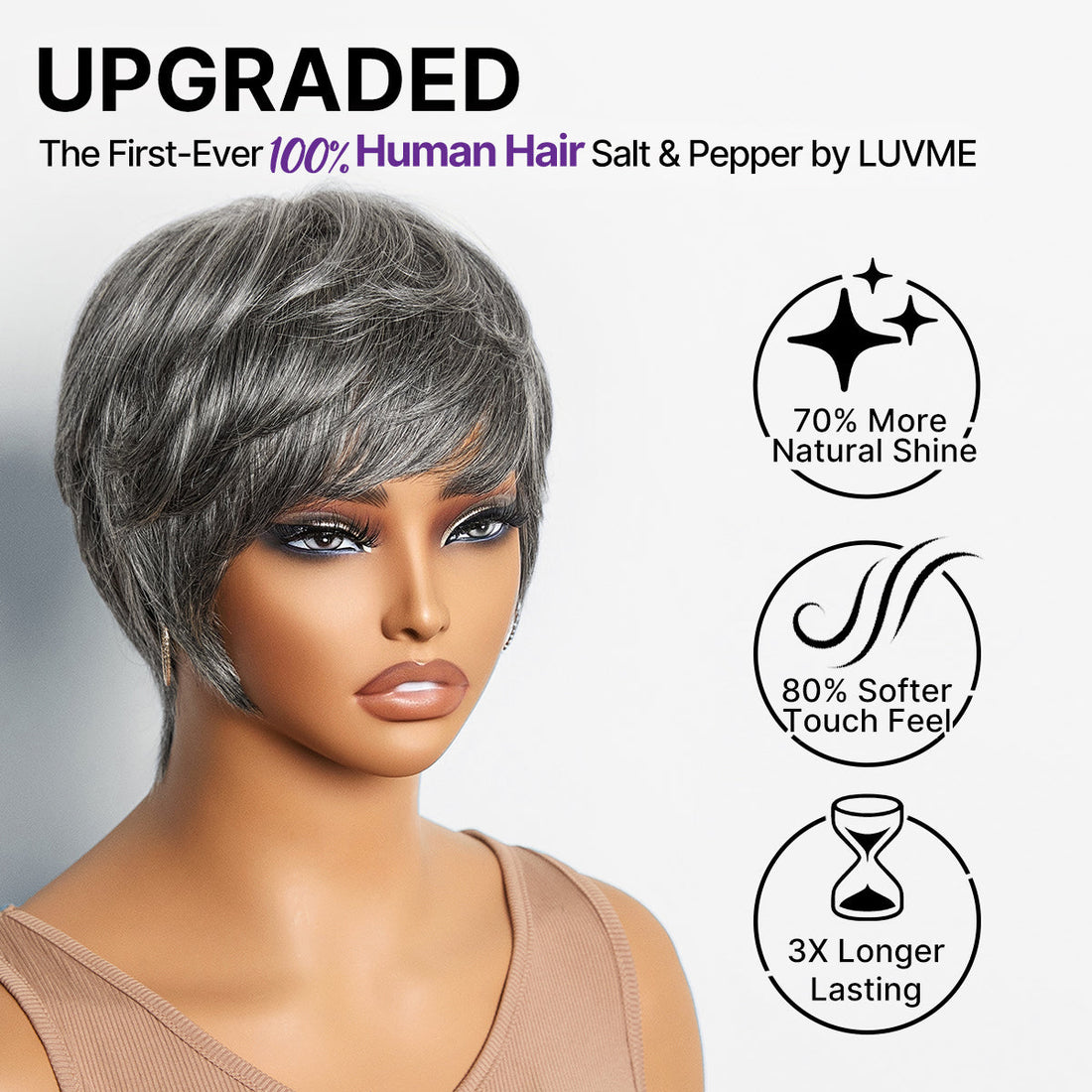 Salt & Pepper 100% Human Hair Short Pixie Cut Glueless Wig with Bangs Ultra Comfort Skin-Like Soft Care Hair Loss Friendly