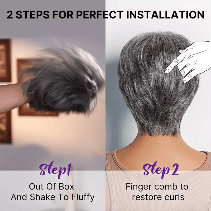 Salt & Pepper 100% Human Hair Short Pixie Cut Glueless Wig with Bangs Ultra Comfort Skin-Like Soft Care Hair Loss Friendly