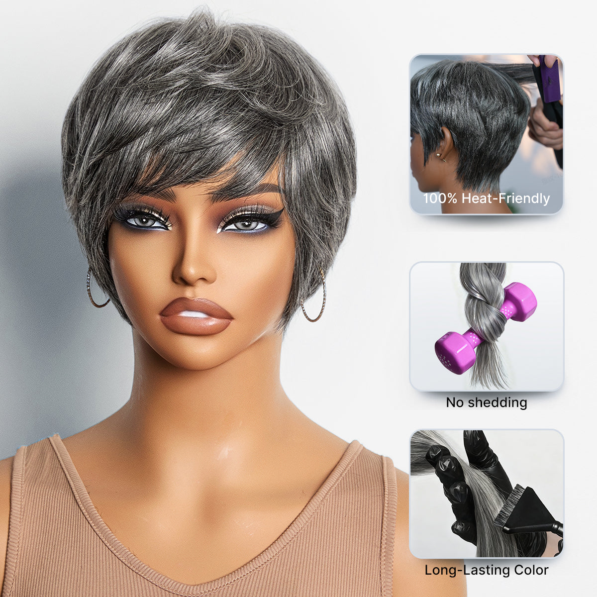 Salt & Pepper 100% Human Hair Short Pixie Cut Glueless Wig with Bangs Ultra Comfort Skin-Like Soft Care Hair Loss Friendly