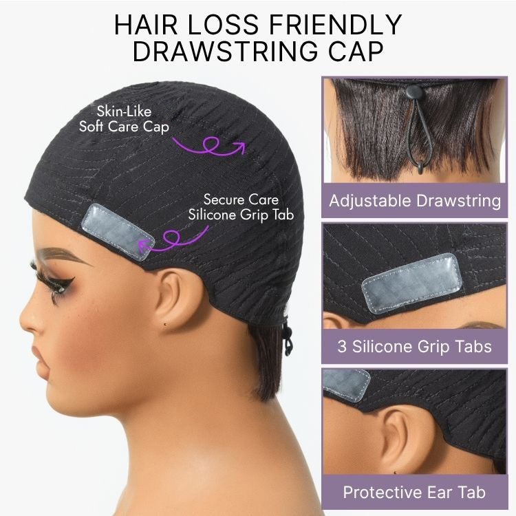 Throw On & Go Brown Highlight Short Curly with Bangs Wig Ultra Comfort Skin-Like Soft Care Glueless Hair Loss Friendly Wig