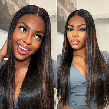 22 Inches=$159 | PreMax Wigs | Brown Highlight Silky Straight Glueless 13x4 Frontal Lace Long Wig Pre-Cut Lace