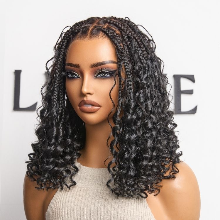 Tiktok Exclusive Deal | HD Full Lace Knotless Boho Curls Braided Bob Wig Flexi Fit Invisi Drawstring Cap