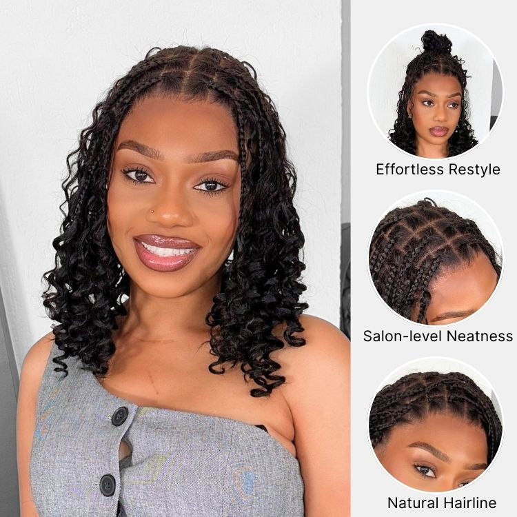 Tiktok Exclusive Deal | HD Full Lace Knotless Boho Curls Braided Bob Wig Flexi Fit Invisi Drawstring Cap