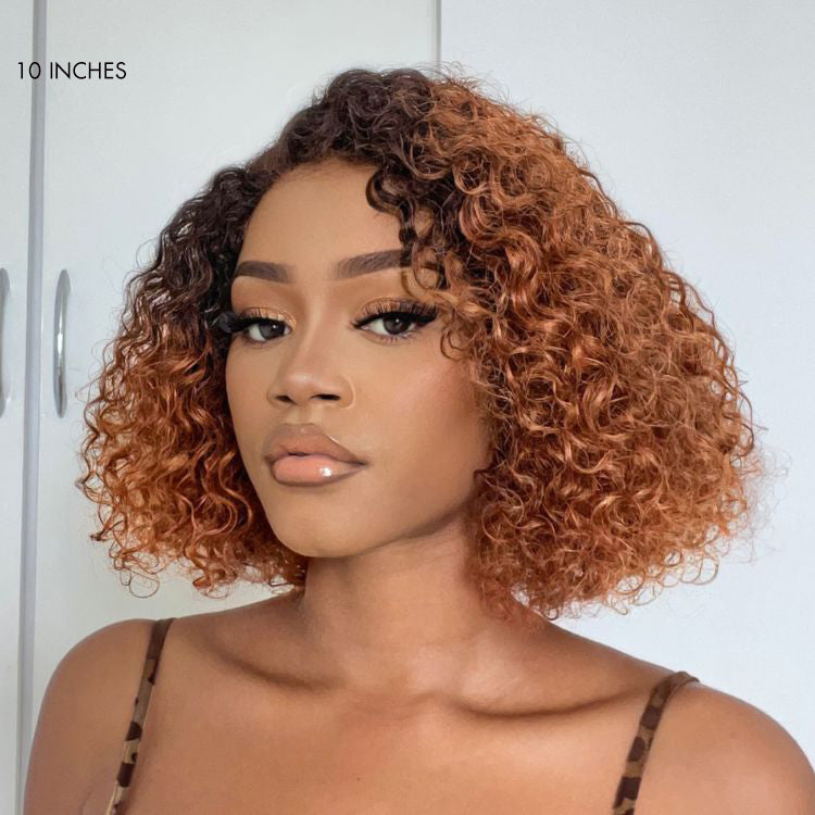 10''+10''=$159.9 | 10 Inches Blunt Cut Minimalist HD Lace Bob + 10 Inches Ombre Brown Short Cut Curly Wig - US Only