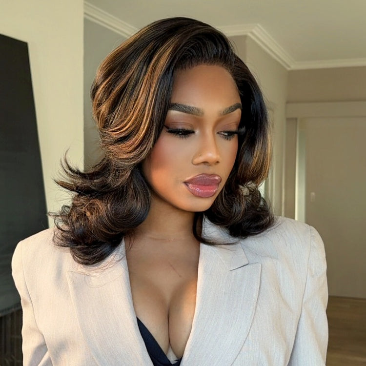 Weekly Special  | Brown Highlight Layered Haircut Wavy Glueless Minimalist HD Lace Wig Pre-Cut Lace