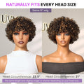 Throw On & Go Brown Highlight Short Curly with Bangs Wig Ultra Comfort Skin-Like Soft Care Glueless Hair Loss Friendly Wig