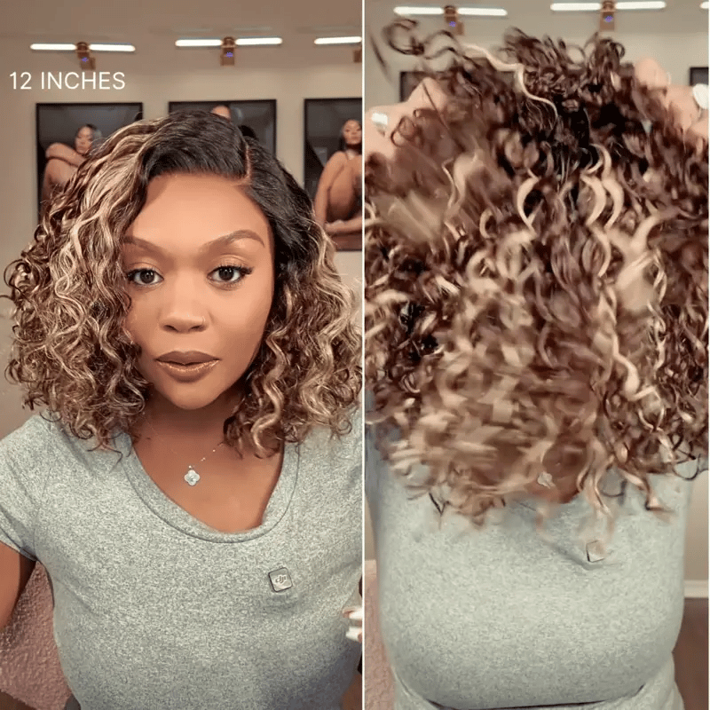 Weekly Special | Ready to Go Blonde Highlight / Natural Black Water Wave Short Curly Bob Wig Glueless Minimalist HD Lace Wig Pre-Cut Lace