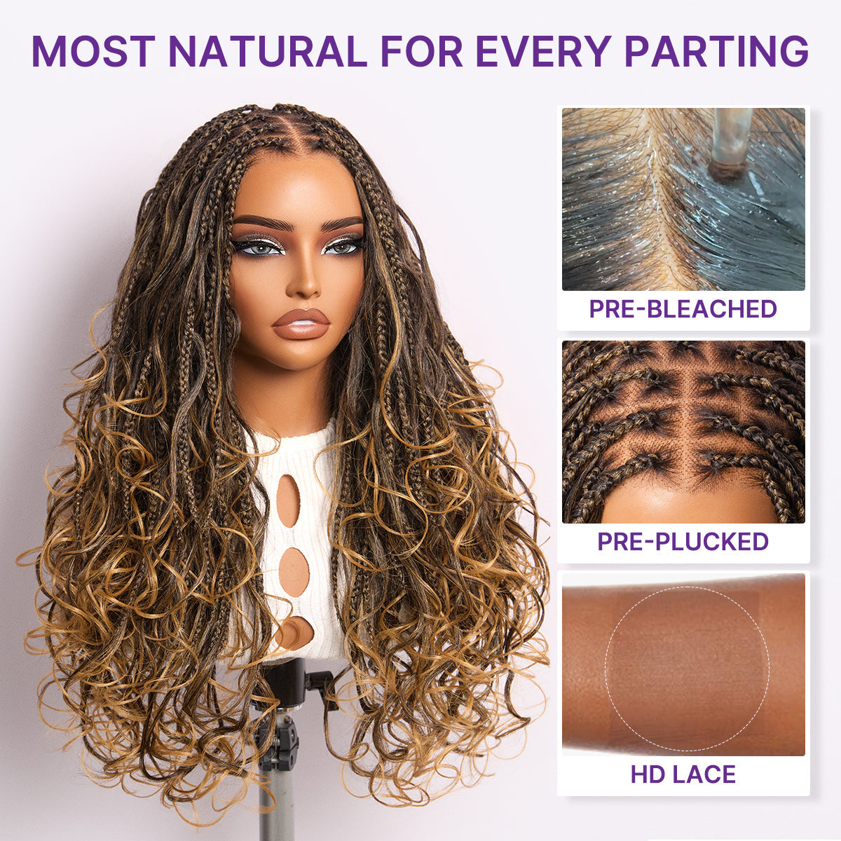 Readitress™ Ombre Honey Blonde French Curl Knotless Boho Braids HD Full Lace Long Wig Flexi Fit Invisi Drawstring Cap - US Only
