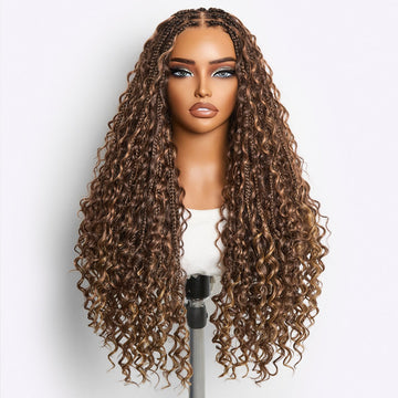 Readitress™ Mix Blonde Light Weight Flexi-Fit Invisi Drawstring Cap HD Full Lace Knotless Boho Curls Braided Long Wig Super Natural Scalp - US Only