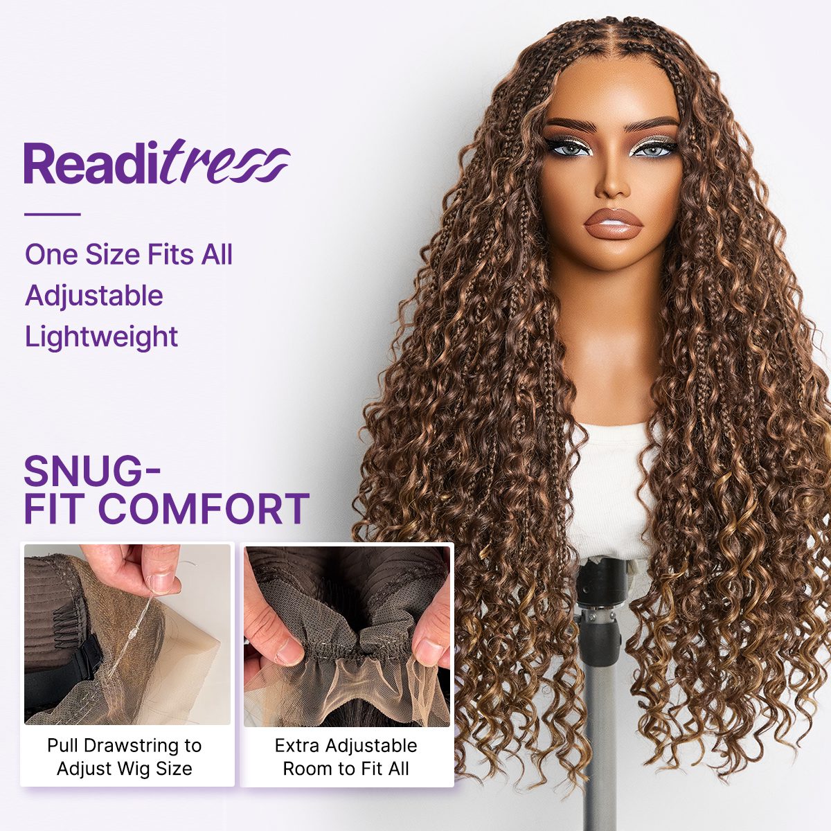 Readitress™ Mix Blonde Light Weight Flexi-Fit Invisi Drawstring Cap HD Full Lace Knotless Boho Curls Braided Long Wig Super Natural Scalp - US Only