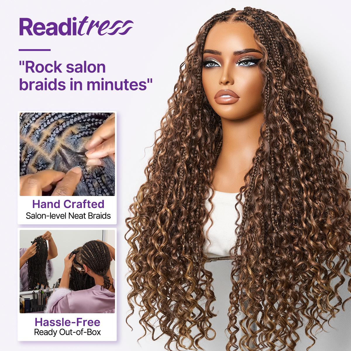 Readitress™ Mix Blonde Light Weight Flexi-Fit Invisi Drawstring Cap HD Full Lace Knotless Boho Curls Braided Long Wig Super Natural Scalp - US Only